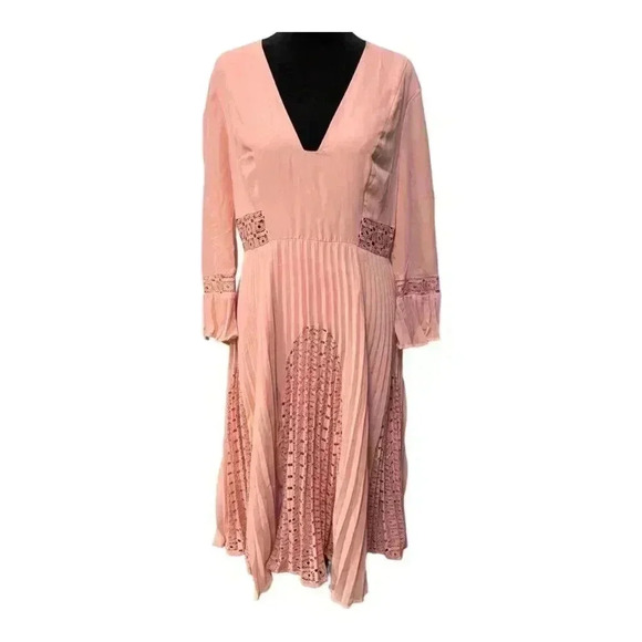 ASOS NWT Rose Pink Lace, Ruffle, Pleating Details Long Sleeve Midi Dress - Picture 13 of 15
